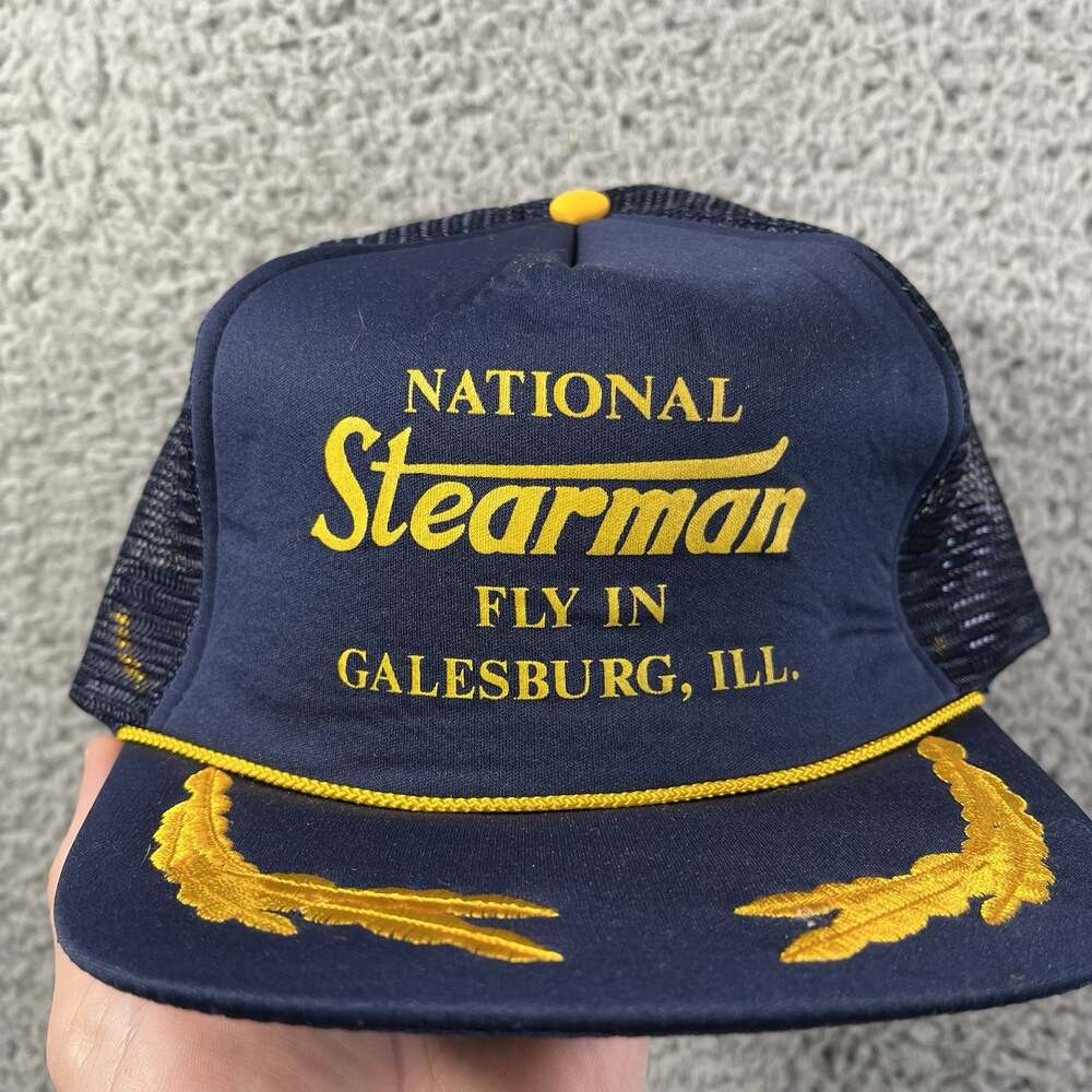Vintage National Stearman Fly In Hat Galesburg IL Aviation Mesh Rope SnapBack